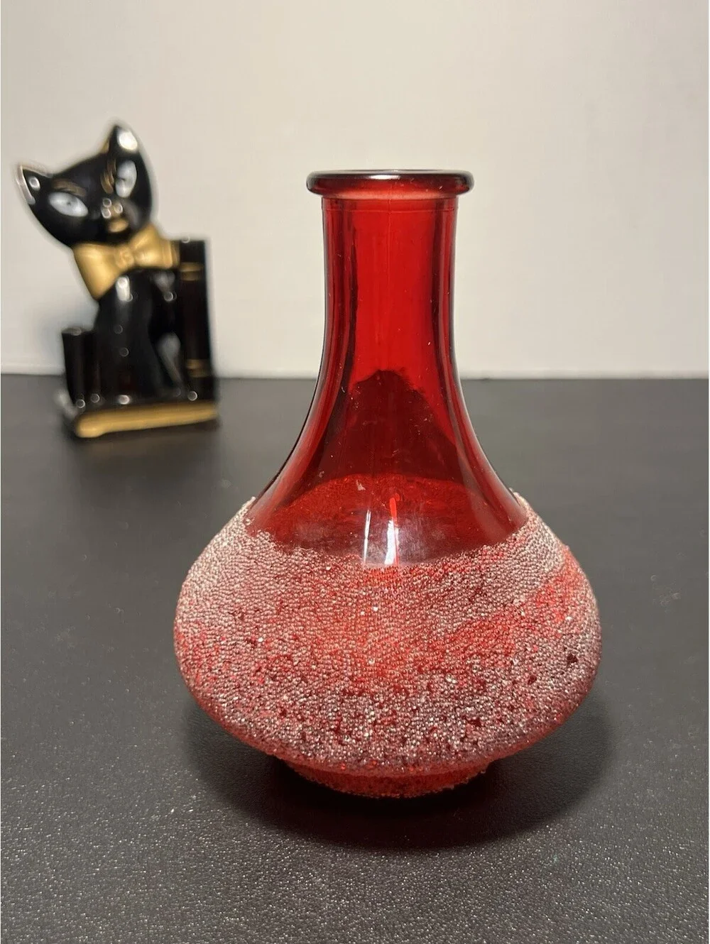 Pier 1 Imports 1990s Ruby Red Sugar Crystal Glass Reed Diffuser Bud Vase, 5.5”